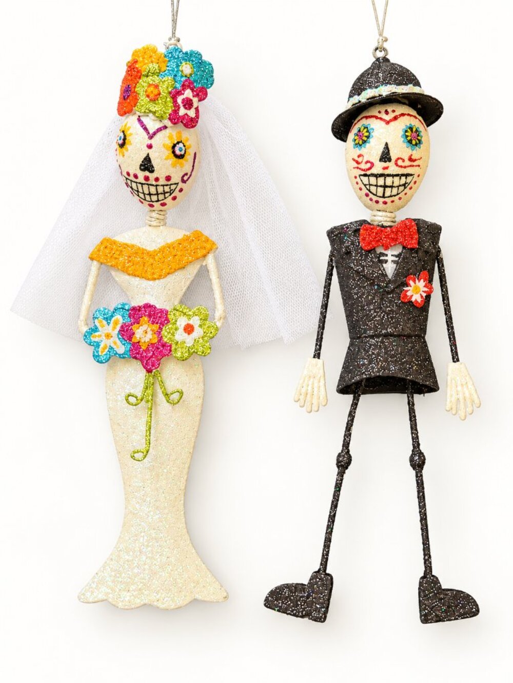 Pier 1 Day of the Dead Bride and Groom Skeleton Halloween Ornaments Set of 2